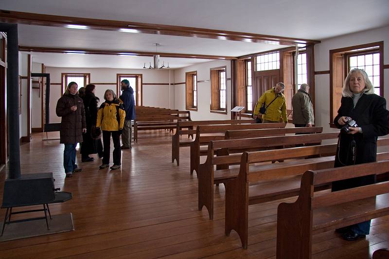 Jan. 10, 2010 - Hancock Shaker Village, Hancock, Massachusetts.<br />Lesley (staff) and Joyce and other artists in the meeting room.