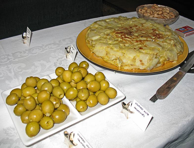 Salmon filled olives, anchovy filled olives, tortilla de patatas,<br />and Marcona almods were some of the tapas.<br />March 27, 2010 - Earth Hour party with a Spanish theme, Merrimac, Massachusetts.