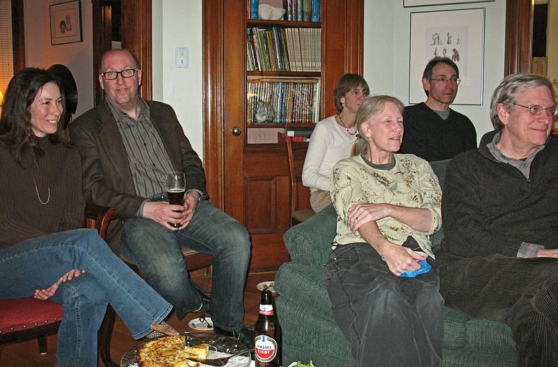 Elizabeth, Howie, Leslie, Cindia, Oscar and Lance watching<br />Andy Goldsworthy's video called 'Rivers and Tides'.<br />March 27, 2010 - Earth Hour party with a Spanish theme, Merrimac, Massachusetts.