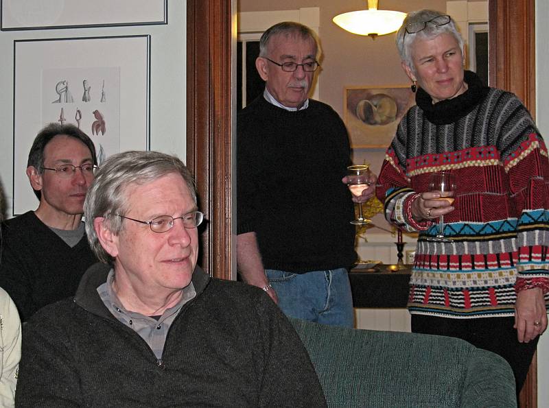 Oscar, Lance, Ray, and Deb watching<br />Andy Goldsworthy's video called 'Rivers and Tides'.<br />March 27, 2010 - Earth Hour party with a Spanish theme, Merrimac, Massachusetts.