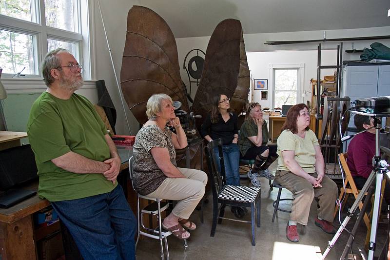 Jeff, Marilyn, Laura, Nancy, Chrostoper, and Marilyn listening to Joyce's talk.<br />New England Sculptors Association gathering.<br />May 1, 2010 - Merrimac, Massachusetts.