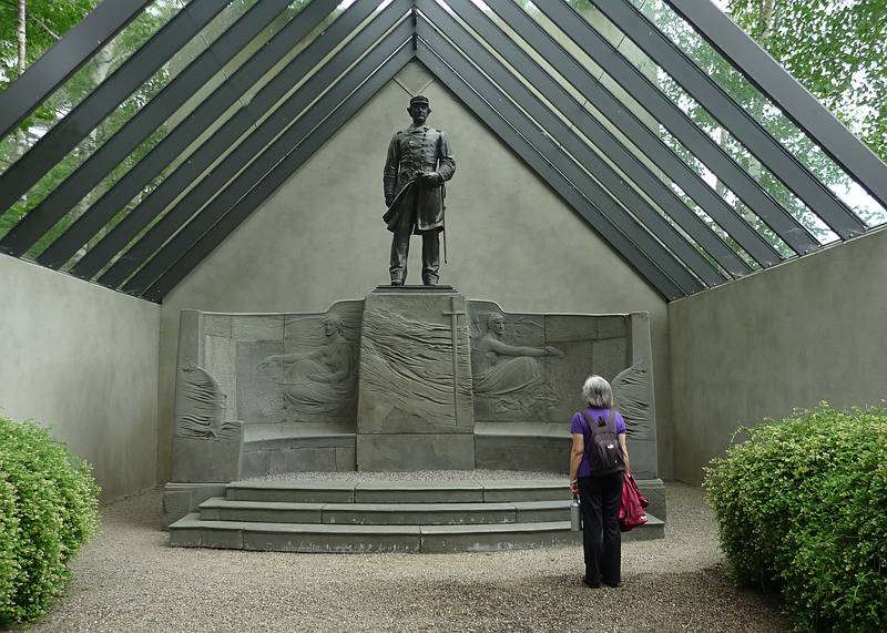 Joyce and the David Farragut Memorial sculpture.<br />June 1, 2010 - Augustus Saint-Gaudens National Historic Park, Cornish, New Hampshire.