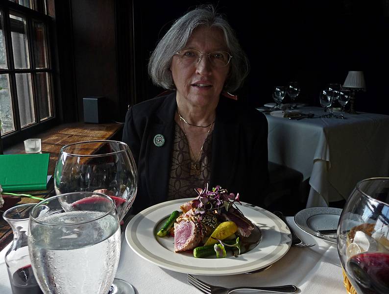 Joyce and her dinner choice.<br />June 1, 2010 - Castle Hill Resort and Spa in Ludlow, Vermont.