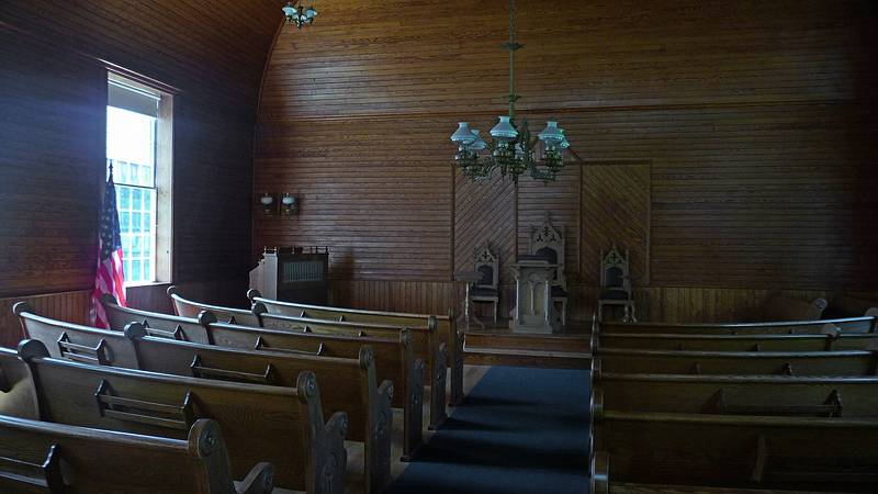 Union Christian Church, 1840.<br />Calvin Coolidge's pew is marked by the flag.<br />June 2, 2010 - Calvin Coolidge Homestead, Plymouth Notch, Vermont.