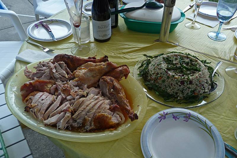 Paul's grill-smoked turkey and Norma's rice salas.<br />June 25, 2010 - At Marie's in Lawrence, Massachusetts.