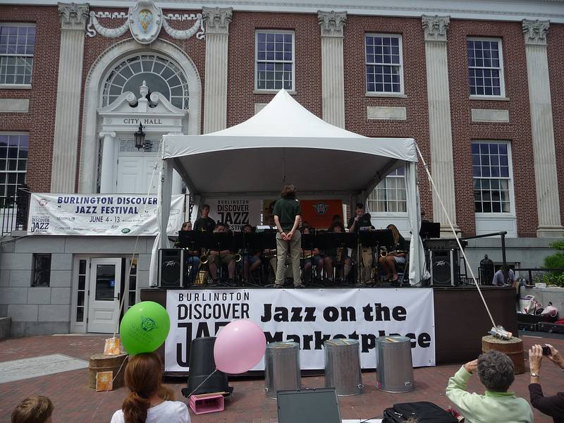 Young musicians participating in the jazz festival.<br />Along Church Street.<br />June 9, 2010 - Burlington, Vermont.