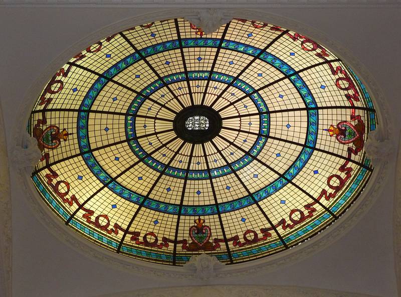 Stained glass dome above the Greatway and Staircase of Boldt Castle.<br />A boat tour out of Alexandria Bay.<br />June 10, 2010 - Thousand Islands Region of New York State.