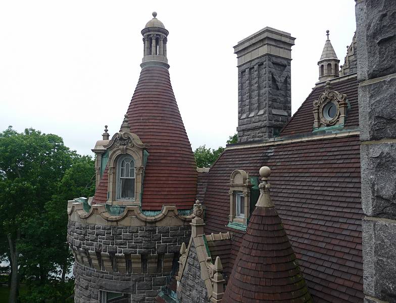 Roof detail of Boldt Castle.<br />A boat tour out of Alexandria Bay.<br />June 10, 2010 - Thousand Islands Region of New York State.