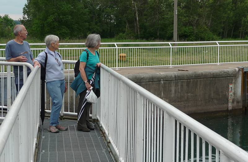 Ronnie, Baiba, and Joyce atop the lock gates.<br />Canadian locks connecting Lake Superior and Lake Huron.<br />June 13, 2010 - Sault Ste. Marie, Ontario, Canada.
