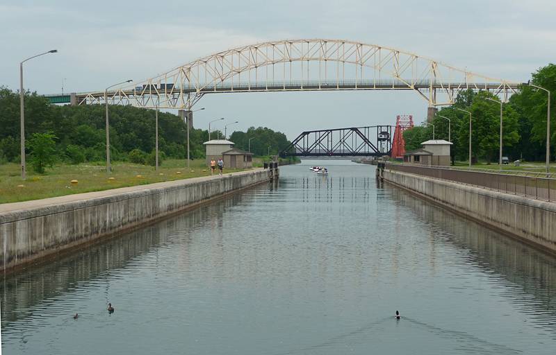 Lake Superior side of the locks and part of the international bridge.<br />Canadian locks connecting Lake Superior and Lake Huron.<br />June 13, 2010 - Sault Ste. Marie, Ontario, Canada.