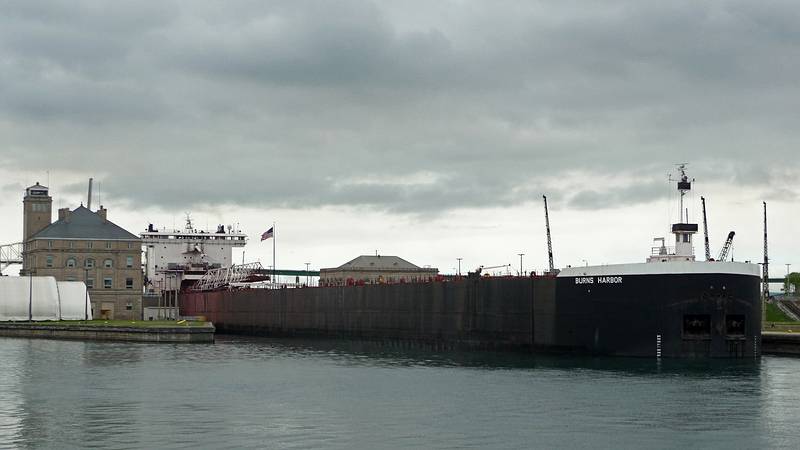 The 'Burns Harbor' about to clear the locks.<br />Soo Locks boat tour.<br />June 14, 2010 - Sualt Ste. Marie, Michigan.