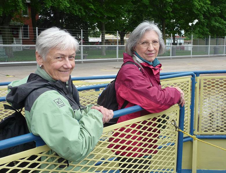 Baiba and Joyce on the deck of the tour boat at Lake Superior elevation.<br />Soo Locks boat tour.<br />June 14, 2010 - Sualt Ste. Marie, Michigan.