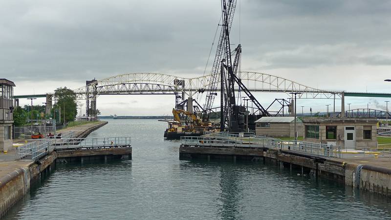 The lock on Lake Superior side opening to let us through.<br />Soo Locks boat tour.<br />June 14, 2010 - Sualt Ste. Marie, Michigan.