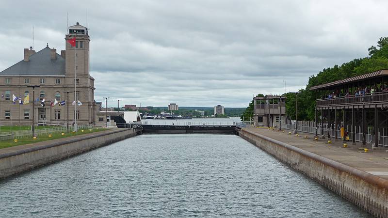 The visitors center observation deck is on the right.<br />Soo Locks boat tour.<br />June 14, 2010 - Sualt Ste. Marie, Michigan.