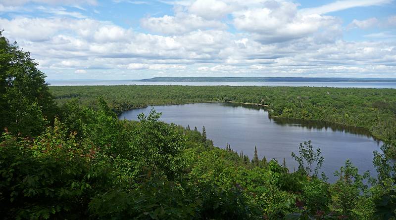 Overlooking Spectacle Lake and North Channel between Lake Superior and the locks.<br />June 14, 2010 - Hiawatha National Forest, Michigan.