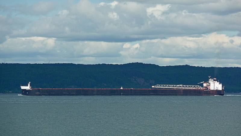 A 1000 foot laker heading into Lake Superior.<br />June 14, 2010 - On the shore of Lake Superior at Point Iroquois, Michigan.