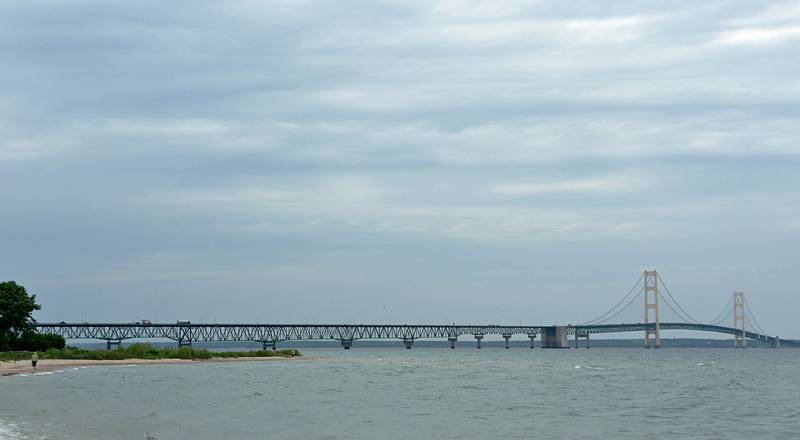 View of Mackinac Bridge connecting the lower and upper parts of Michigan.<br />June 15, 2010 - At Alexander Henry Park in Mackinaw, Michigan.