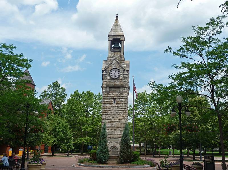 Clock tower at Centerway Square off Market Street.<br />June 23, 2010 - Corning, New York.