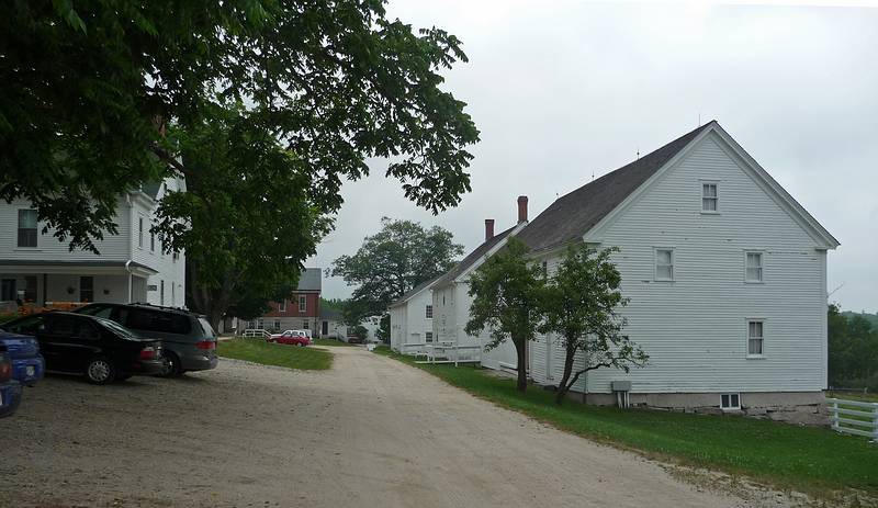 Spinhouse with two old pear trees.<br />July 8, 2010 - Sabbathday Lake Shaker Village, New Gloucester, Maine.