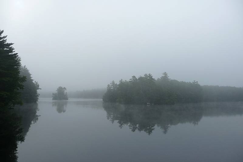 Early morning fog  over Pawtuckaway Lake.<br />July 15, 2010 - Camping at Pawtuckaway State Park, Nottingham, New Hampshire.