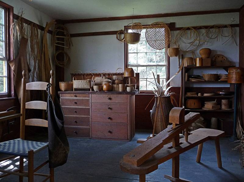 Basket making in the Brethren's Shop.<br />August 2, 2010 - Hancock Shaker Village, Massachusetts.