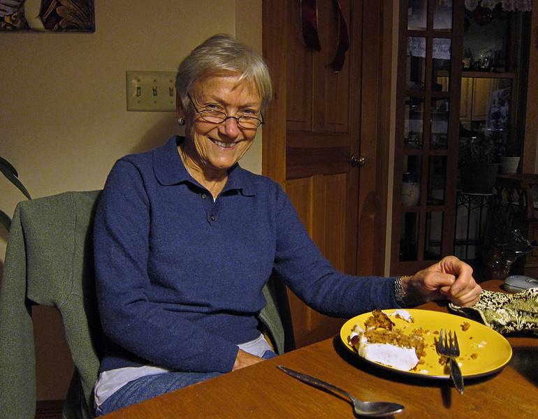 Baiba about half way through an Alden Merrel carot cake.<br />Dec. 21, 2010 - Merrimac, Massachusetts.