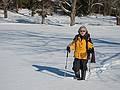 Joyce snowshoeing.<br />Jan. 16, 2011 - Maudslay State Park, Newburyport, Massachusetts.