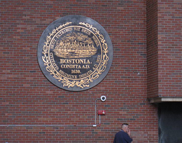 City seal on wall of City Hall.<br />April 21, 2011 - Boston, Massachusetts.