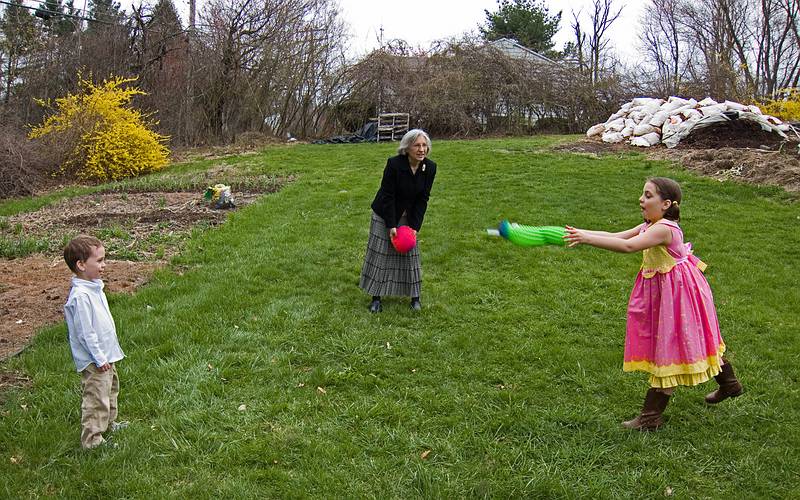 Matthew, Joyce, and Miranda playing in the back yard.<br />April 24, 2011 - Easter dinner at Paul and Norma's in Tewksbury, Massachsuetts.