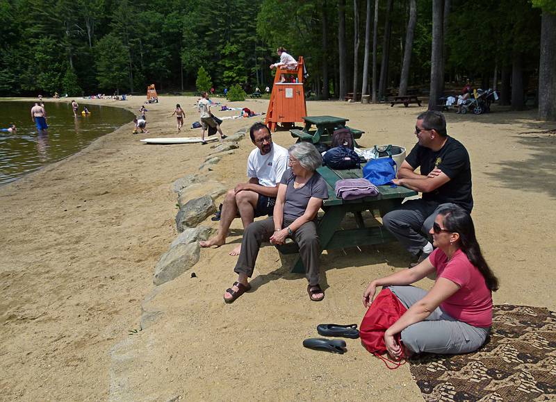 Eric, Joyce, Sati, and Melody at the lake beach.<br />The kids didn't waste any time getting in the water.<br />June 20, 2011 - Pawtuckaway State Park, Nottingham, New Hampshire.