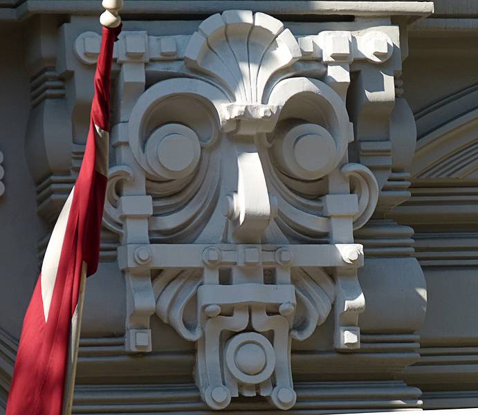 Detail of Art Nouveau building designed by Mikhail Eisenstein.<br />June 1, 2011 - Elizabetes Street 10b, Riga, Latvia.