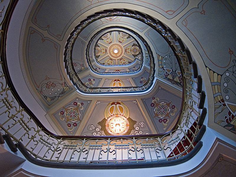 Stairway ceiling in entry to the Art Nouveau Museum building.<br />June 1, 2011 - Riga, Latvia.