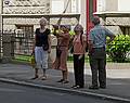 Daina, Baiba, Joyce, and Ronnie admiring the buildings along Vidus iela (Middle Street).<br />June 1, 2011 - Riga, Latvia.