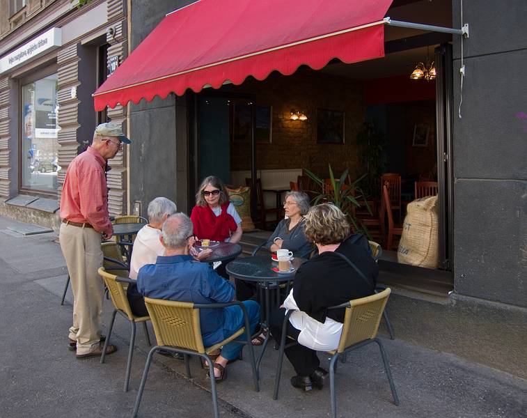 Chuck, Baiba, Ronnie, Betsy, Joyce, and Carolyn.<br />Coffee time at Monte Kristo on Elizabetes Street.<br />June 2, 2011 - Riga, Latvia.