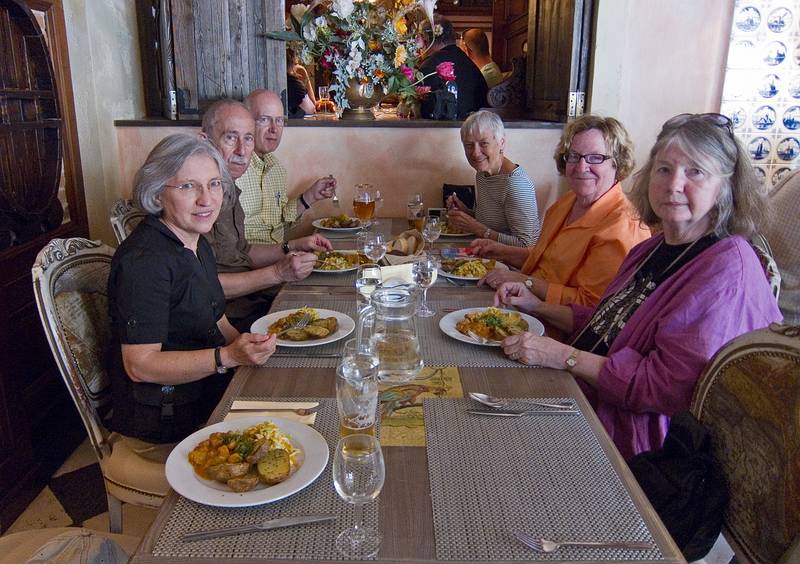 Joyce, Ronnie, Chuck, Baiba, Carolyn, and Betsy.<br />Lunch in the Salve Restaurnt next to Melngalvju Nams.<br />June 3, 2011 - Riga, Latvia.