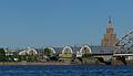 Central market buildings with the Latvian Academy of Sciences building in back.<br />June 3, 2011 - Riga, Latvia.