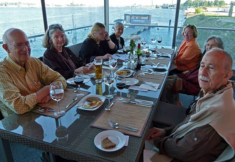 Chuck, Betsy, Linda, Baiba, Carolyn, Joyce, and Ronnie.<br />At Ostasskats (Harborview) restaurant on Kipsala.<br />June 3, 2011 - Riga, Latvia.
