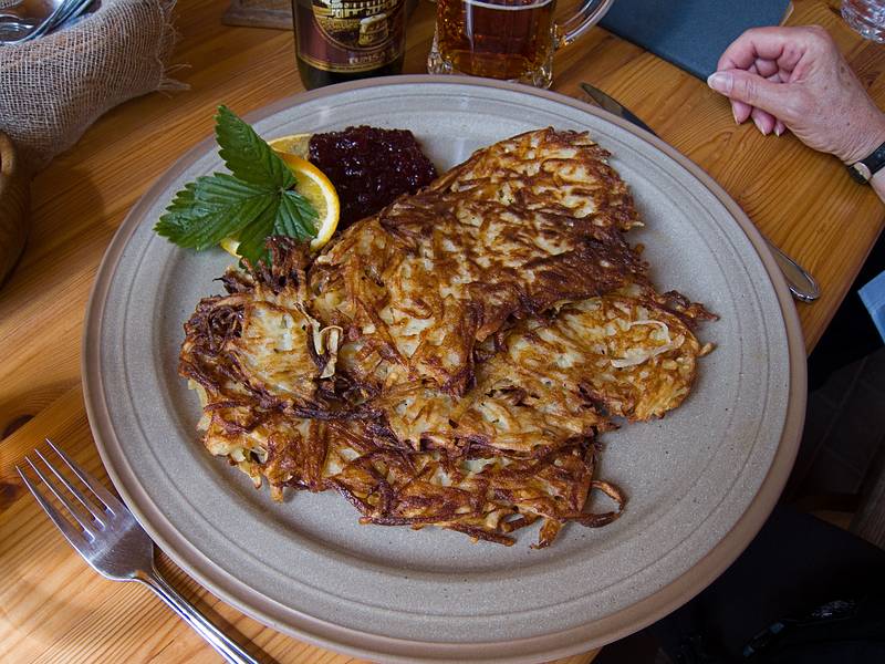 Potato pancakes.<br />Plostkrogs (Plost tavern) on Highway P130.<br />June 6, 2011 - About 5.6 Km SE of Sabile, Latvia.