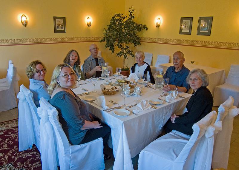 Linda, Carolyn, Batsy, Chuck, Baiba, Ronnie, and Joyce<br />dining at the Meotne Palace (now a hotel).<br />June 6, 2011 - Meotne, Latvia.