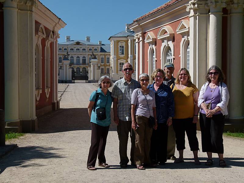 Group photo at Rundale Palace grounds entrance.<br />Joyce, Ronnie, Baiba, Carolyn, Chuck. Linda, and Betsy.<br />June 7, 2011 - Pilsrundale, Latvia.
