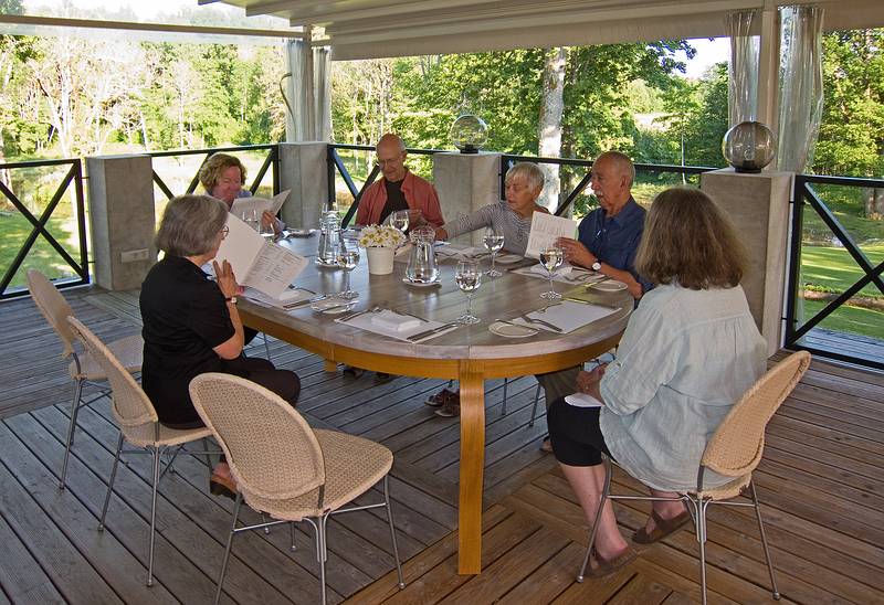 Joyce, Carolyn, Chuck, Baiba, Ronnie, Betsy at dinner.<br />June 9, 2011 - At Annas Resort, Zaubes pagasts (parish), Latvia.