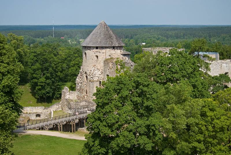 View of the ruinds of Cesis Castle from the steeple.<br />St. John's Lutheran Church.<br />June 10, 2011 - Cesis, Latvia.