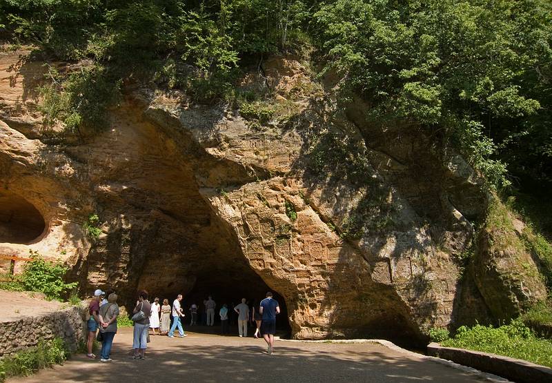 This cave is involved in the legend of the Rose of Turaida.<br />June 11, 2011 - At Gutmana Cave near the Turaida Castle, Latvia.