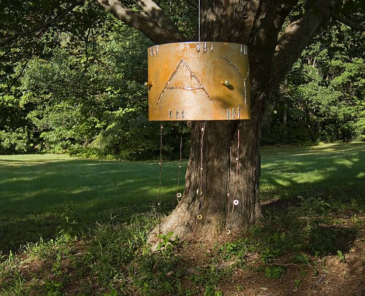 Cameron Sesto: 'Play Wheel', steel, solder, wax string and beads.<br />'Play', Outdoor Sculpture at Maudslay.<br />Sept. 10, 2011 - Maudslay State Park, Newburyport, Massachusetts.