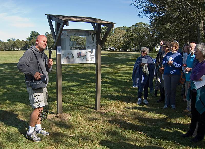 Dennis Hart talking about his 'Enviro-Transformer'.<br />Artists' tour of 'Play', an Outdoor Sculpture Show at Maudslay.<br />Sept. 17, 2011 - Maudslay State Park, Newburyport, Massachusetts.