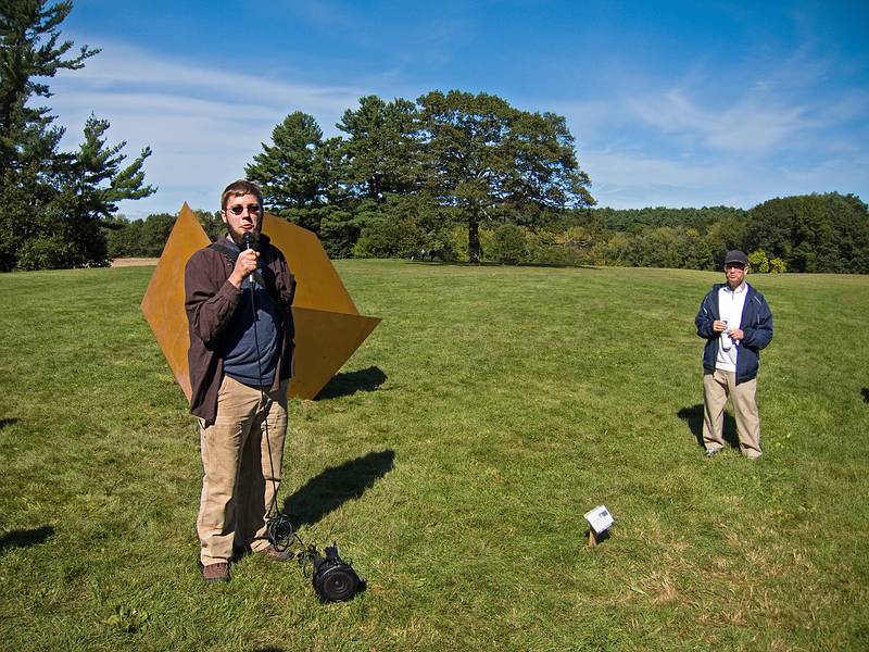 Waldo Evan Jaspersen on 'Cubist Hotbed Pie'.<br />Artists' tour of 'Play', an Outdoor Sculpture Show at Maudslay.<br />Sept. 17, 2011 - Maudslay State Park, Newburyport, Massachusetts.