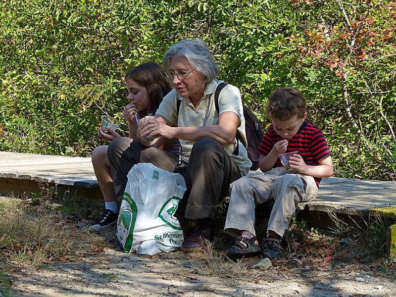 Miranda, Joyce, and Matthew.<br />Snack break at Hellcat Wildlife Observation Area.<br />Oct. 8, 2011 - Parker River National Wildlife Refuge, Plum Island, Massachusetts.