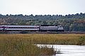 The Boston to Newburyport train cuts across the marsh.<br />Little River section of the park.<br />Oct. 17, 2011 - Old Town Hill (Trustees of Reservation), Newbury, Massachusetts.