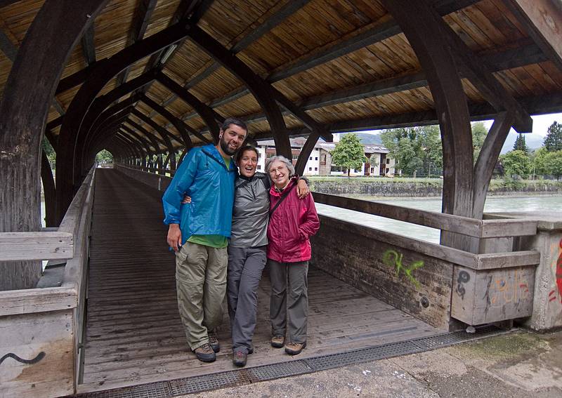 Sati, Melody, and Joyce about to cross the Inn River back into the old town.<br />Weihersteg covered bridge.<br />July 24, 2011 - Innsbruck, Austria.