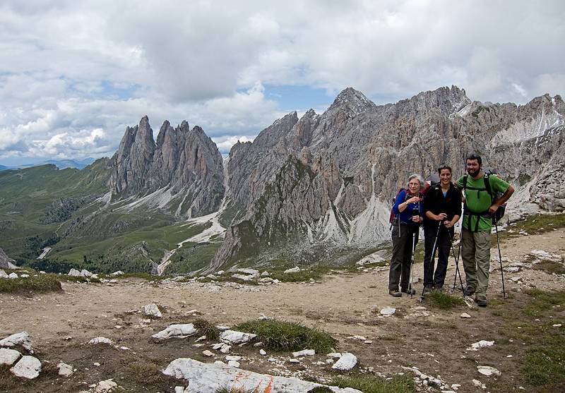 Joyce, Melody, and Sati on the ridge.<br />Hike from Seceda cable car terminal to Puez hut.<br />July 26, 2011 - NE of St. Ulrich/Ortisei, Italy.